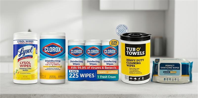 Alcohol wipes being used to disinfect a work surface &mdash; available at The Hardware Depot Georgetown Guyana