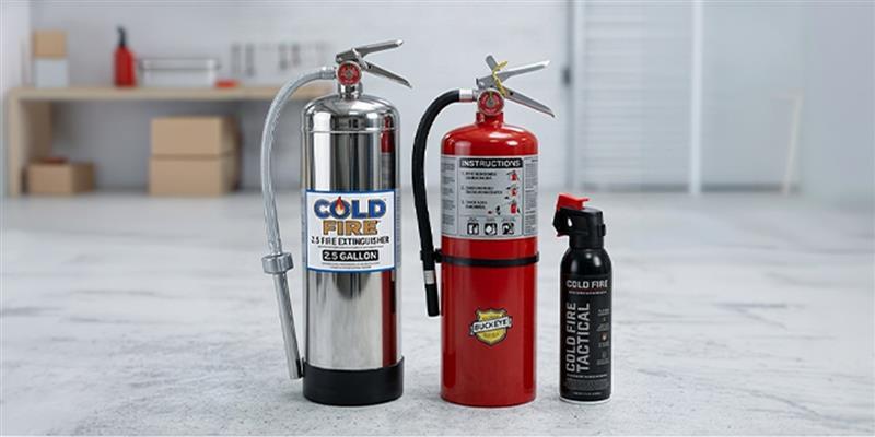 Fire extinguisher mounted on a wall bracket in a workplace &mdash; available at The Hardware Depot Guyana