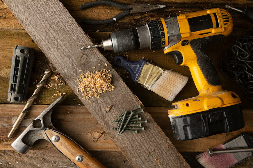 Power drill and power tools on a construction site